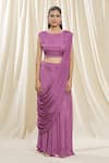 Samyukta Singhania_Purple Jacket Organza Hand Embroidered Zardozi Work Round Neck Skirt Saree Set _at_Aza_Fashions