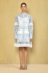Naintara Bajaj_White Cotton Print Aster Bloom Mandarin Collar Lace Embellished Dress_Online_at_Aza_Fashions