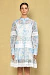 Buy_Naintara Bajaj_White Cotton Print Aster Bloom Mandarin Collar Lace Embellished Dress_Online_at_Aza_Fashions