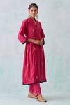 Priya Chaudhary_Pink Chanderi Embroidery Shawl Neck Plumeria Front Slit Kurta With Pant _Online_at_Aza_Fashions