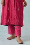Shop_Priya Chaudhary_Pink Chanderi Embroidery Shawl Neck Plumeria Front Slit Kurta With Pant _Online_at_Aza_Fashions