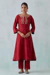 Priya Chaudhary_Maroon Chanderi Embroidery Sequin Round Neck Ivy Vine Yoke Kurta _Online_at_Aza_Fashions