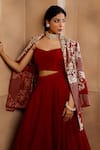 OMANA BY RANJANA BOTHRA_Red Jacket Organza Embroidery Cutdana Jacket Open Shahi Flower Lehenga Set _Online_at_Aza_Fashions