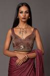 Buy_A Humming Way_Red Bamberg Georgette Satin Embroidered Metallic V-neck Namib Blouse _at_Aza_Fashions