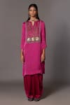 Buy_A Humming Way_Pink Bamberg Satin Embroidered Bead Notched Iris Bird Kurta With Dhoti Pant _at_Aza_Fashions