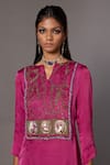 A Humming Way_Pink Bamberg Satin Embroidered Bead Notched Iris Bird Kurta With Dhoti Pant _Online_at_Aza_Fashions