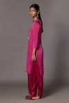 Buy_A Humming Way_Pink Bamberg Satin Embroidered Bead Notched Iris Bird Kurta With Dhoti Pant _Online_at_Aza_Fashions