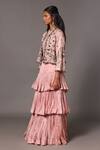 A Humming Way_Pink Satin Organza Embroidered Sequin Sang-e-sitara Crystal Tiered Skirt Set_Online_at_Aza_Fashions