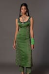 A Humming Way_Emerald Green Linen Satin Embroidered Jaipur Bagh Long Dress With Trouser_Online_at_Aza_Fashions