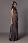 A Humming Way_Grey Linen Satin Embroidered Metallic Thread Shikhar Baugh Jacket With Skirt _Online_at_Aza_Fashions