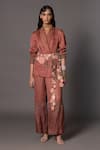 Buy_A Humming Way_Brown Linen Satin Desert Rose Cut-out Applique Tassel Jacket With Trouser _at_Aza_Fashions