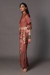 A Humming Way_Brown Linen Satin Desert Rose Cut-out Applique Tassel Jacket With Trouser _Online_at_Aza_Fashions