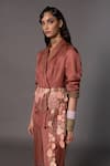 Shop_A Humming Way_Brown Linen Satin Desert Rose Cut-out Applique Tassel Jacket With Trouser _Online_at_Aza_Fashions