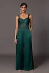 Buy_A Humming Way_Green Bamberg Georgette Satin Solid Sweetheart Namib Ruched Bodice Jumpsuit_at_Aza_Fashions
