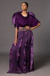 Buy_A Humming Way_Purple Bamberg Georgette Satin Mushroom 3-d Pleated Kimono Top Skirt Set _at_Aza_Fashions