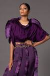 A Humming Way_Purple Bamberg Georgette Satin Mushroom 3-d Pleated Kimono Top Skirt Set _Online_at_Aza_Fashions