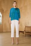 Pleats by Aruni_Blue Crepe Textured Round Neck Sydney Blouse _Online_at_Aza_Fashions