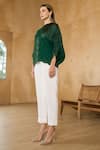 Buy_Pleats by Aruni_Green Crepe Textured Round Neck Sydney Blouse _Online_at_Aza_Fashions