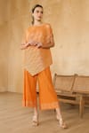 Buy_Pleats by Aruni_Orange Pleated Polyester Textured Asymmetric Neck Metallic Long Top With Pant _at_Aza_Fashions