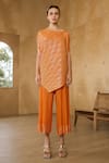 Shop_Pleats by Aruni_Orange Pleated Polyester Textured Asymmetric Neck Metallic Long Top With Pant _at_Aza_Fashions