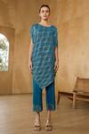 Buy_Pleats By Aruni_Blue Polyester Asymmetric Chequered Metallic Top With Pant_at_Aza_Fashions