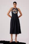 Buy_The Summer House_Black Cotton Halter Neck Ellaria Printed Yoke Midi Dress_at_Aza_Fashions