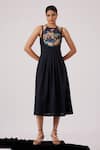 The Summer House_Black Cotton Halter Neck Ellaria Printed Yoke Midi Dress_at_Aza_Fashions