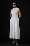 Buy_The Summer House_White Cambric High Round Shae Ruched Midi Dress  _Online_at_Aza_Fashions