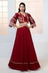 Buy_Aariyana Couture_Red Lehenga Chinnon Chiffon Hand Embroidered Floral Gathered Set With Jacket _at_Aza_Fashions