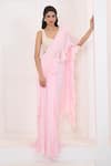 Buy_Aariyana Couture_Pink Bustier- Dupion Hand Embroidered Pre-draped Ruffle Saree With _at_Aza_Fashions