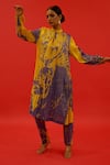 Buy_SAKSHAM & NEHARICKA_Yellow Tissue Hand Painted Floral Collar Ebru Kurta And Pant Set  _at_Aza_Fashions