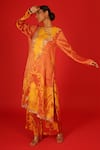 SAKSHAM & NEHARICKA_Orange Velvet Hand Painted Floral Round Ebru Kurta And Pant Set  _at_Aza_Fashions