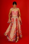 Buy_SAKSHAM & NEHARICKA_Red Chanderi Hand Painted Floral Sweetheart Sureeli Lehenga Set  _at_Aza_Fashions