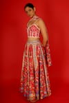 Buy_SAKSHAM & NEHARICKA_Red Chanderi Hand Painted Floral Sweetheart Sureeli Lehenga Set  _Online_at_Aza_Fashions