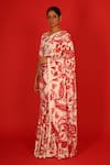 Shop_SAKSHAM & NEHARICKA_Red Satin Hand Painted Pola Saree With Unstitched Blouse Piece  _Online_at_Aza_Fashions