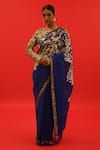Buy_SAKSHAM & NEHARICKA_Blue Organza Hand Embroidered Resham V Neck Saree With Blouse _at_Aza_Fashions