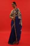 Shop_SAKSHAM & NEHARICKA_Blue Organza Hand Embroidered Resham V Neck Saree With Blouse _Online_at_Aza_Fashions
