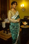 Shop_SAKSHAM & NEHARICKA_Green Velvet Hand Embroidered Resham V Qayanaat Saree With Blouse _at_Aza_Fashions