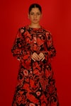 SAKSHAM & NEHARICKA_Red Chanderi Hand Painted Floral Round Neck Kamakshya Kurta  _Online_at_Aza_Fashions