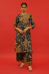 Buy_SAKSHAM & NEHARICKA_Black Chanderi Hand Painted Floral Round Neck Shoumi Kurta  _at_Aza_Fashions