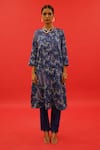 SAKSHAM & NEHARICKA_Blue Chanderi Print Floral Round Neck Neel Kurta  _at_Aza_Fashions