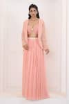 Buy_Aariyana Couture_Peach Bustier And Jacket- Satin Organza Hand Scalloped Tassel & Skirt Set _at_Aza_Fashions