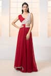 Buy_Aariyana Couture_Red - Dupion Hand Embroidered 1 V Neck Draped And With Lehenga _Online