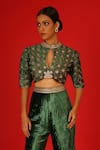 Buy_SAKSHAM & NEHARICKA_Green Velvet Hand Embroidery Geometric Round Collar Blouse With Gharara _Online_at_Aza_Fashions