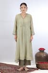 Shop_Beige_Green Kurta Fine Chanderi Embroidered Sequin V Neck Yoke Gathered Set _at_Aza_Fashions