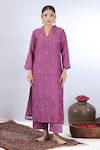 Buy_Beige_Purple Kurta Fine Chanderi Embroidered Sequin V Neck Thread Set _Online_at_Aza_Fashions