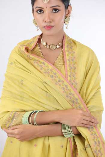 WomenBlue Viscose Chanderi Embroidered V Neck Kurta Sets