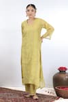 Shop_Beige_Yellow Kurta Fine Chanderi Embroidered Gota Blunt V Stripe Thread A-line Set _at_Aza_Fashions