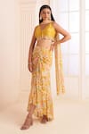 Buy_AFFROZ_Yellow Natural Crepe Printed Floral V Neck Draped Skirt Set _at_Aza_Fashions