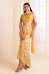 Buy_AFFROZ_Yellow Natural Crepe Printed Floral V Neck Draped Skirt Set _Online_at_Aza_Fashions